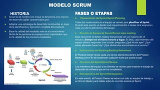 MODELO SCRUM
HISTORIA
 Scrum es el nombre con el que se denomina a los marcos
de desarrollo ágiles caracterizados por:
 Adoptar una estrategia de desarrollo incremental, en lugar
de la planificación y ejecución completa del producto.
 Basar la calidad del resultado más en el conocimiento
tácito de las personas en equipos auto organizados, que
en la calidad de los procesos empleados.
 Planeamiento del Sprint/Sprint Planning
Todos los involucrados en el equipo se reúnen para planificar el Sprint.
Durante este evento se decide qué requerimientos o tareas se le asignará a
cada uno de los elementos del equipo.
 Reunión de Equipo de Scrum/Scrum team meeting
Estas reuniones se deben realizar diariamente con un máximo de 15
minutos. Siempre en el mismo horario y lugar. En ellas, cada miembro del
equipo deberá responder tres simples preguntas:¿Qué hiciste ayer? ¿Qué
tienes planeado hacer hoy? ¿Qué obstáculos encontraste en el camino?
 Refinamiento del Backlog/Backlog Refinement
El Product Owner revisa cada uno de los elementos dentro del Product
Backlog con el fin de esclarecer cualquier duda que pueda surgir
 Revisión del Sprint/Sprint Review
Los miembros del equipo y los clientes se reúnen para mostrar el trabajo de
desarrollo de software que se ha completado.
 Retrospectiva del Sprint/Retrospective
En este evento, el Product Owner se reúne con todo su equipo de trabajo y
su Scrum Master para hablar sobre lo ocurrido durante el Sprint.
FASES O ETAPAS
 