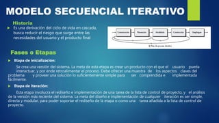 MODELO SECUENCIAL ITERATIVO
Historia
 Es una derivación del ciclo de vida en cascada,
busca reducir el riesgo que surge entre las
necesidades del usuario y el producto final
Fases o Etapas
 Etapa de inicialización:
Se crea una versión del sistema. La meta de esta etapa es crear un producto con el que el usuario pueda
interactuar, y por ende retroalimentar el proceso. Debe ofrecer una muestra de los aspectos claves del
problema y proveer una solución lo suficientemente simple para ser comprendida e implementada
fácilmente.
 Etapa de iteración:
Esta etapa involucra el rediseño e implementación de una tarea de la lista de control de proyecto, y el análisis
de la versión más reciente del sistema. La meta del diseño e implementación de cualquier iteración es ser simple,
directa y modular, para poder soportar el rediseño de la etapa o como una tarea añadida a la lista de control de
proyecto.
 