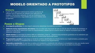 MODELO ORIENTADO A PROTOTIPOS
Historia
 A partir de la ingeniería tradicional de construir productos de
software nace la ingeniería de software como aplicación de
modelos y formas para realizarlos, la cual nos condiciona a tener
como norte precisiones y seguridades que en otros ámbitos tiene
la ingeniería.
Fases o Etapas
 Investigación preliminar: En esta etapa lo esencial es determinar el problema y su ámbito
 Definición de los requerimientos del sistema: Esta es la fase más importante de todo el ciclo de vida del método de prototipos, el
objetivo en esta fase es determinar todos los requerimientos y deseos que los usuarios tienen en relación al proyecto que se está
deseando implementar.
 Diseño técnico: En esta etapa el sistema debe ser rediseñado y tener la respectiva documentación guiándose en los estándares que
tiene la organización la cual servirá como ayuda en mantenciones futuras del mismo.
 Programación y prueba: En esta etapa es donde los cambios identificados en el diseño técnico son implementados y probados para
asegurar la corrección y completitud de los mismos con respecto a los requerimientos.
 Operación y mantención: En esta fase se realiza ya la instalación y mantención del software, la complejidad en esta caso resulta menor
ya que en las etapas anteriores los usuarios han trabajado con el sistemas al momento de hacer las pruebas de prototipos.
 