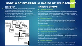 MODELO DE DESARROLLO RÁPIDO DE APLICACIONES
HISTORIA
 El desarrollo rápido de aplicaciones o RAD (acrónimo
en inglés de r...