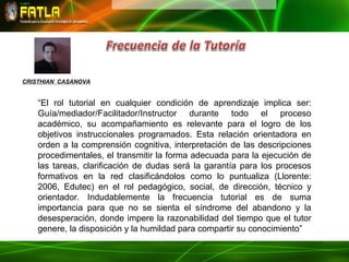 CRISTHIAN CASANOVA


    “El rol tutorial en cualquier condición de aprendizaje implica ser:
    Guía/mediador/Facilitador/Instructor durante todo el proceso
    académico, su acompañamiento es relevante para el logro de los
    objetivos instruccionales programados. Esta relación orientadora en
    orden a la comprensión cognitiva, interpretación de las descripciones
    procedimentales, el transmitir la forma adecuada para la ejecución de
    las tareas, clarificación de dudas será la garantía para los procesos
    formativos en la red clasificándolos como lo puntualiza (Llorente:
    2006, Edutec) en el rol pedagógico, social, de dirección, técnico y
    orientador. Indudablemente la frecuencia tutorial es de suma
    importancia para que no se sienta el síndrome del abandono y la
    desesperación, donde impere la razonabilidad del tiempo que el tutor
    genere, la disposición y la humildad para compartir su conocimiento”
 