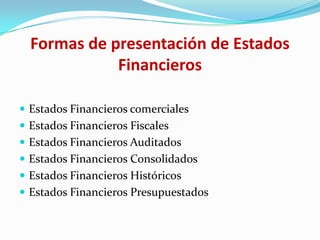 Formas de presentación de Estados
             Financieros

 Estados Financieros comerciales
 Estados Financieros Fiscales
 Estados Financieros Auditados
 Estados Financieros Consolidados
 Estados Financieros Históricos
 Estados Financieros Presupuestados
 