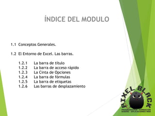 ÍNDICE DEL MODULO
1.1 Conceptos Generales.
1.2 El Entorno de Excel. Las barras.
1.2.1 La barra de título
1.2.2 La barra de acceso rápido
1.2.3 La Cinta de Opciones
1.2.4 La barra de fórmulas
1.2.5 La barra de etiquetas
1.2.6 Las barras de desplazamiento
 
