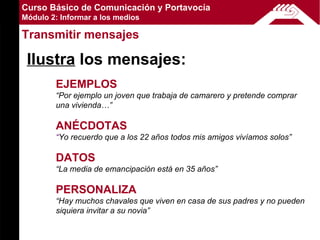 Curso Básico de Comunicación y Portavocía
Módulo 2: Informar a los medios

Transmitir mensajes

 Ilustra los mensajes:
        EJEMPLOS
        “Por ejemplo un joven que trabaja de camarero y pretende comprar
        una vivienda…”

        ANÉCDOTAS
        “Yo recuerdo que a los 22 años todos mis amigos vivíamos solos”

        DATOS
        “La media de emancipación está en 35 años”

        PERSONALIZA
        “Hay muchos chavales que viven en casa de sus padres y no pueden
        siquiera invitar a su novia”
 