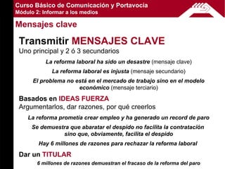 Curso Básico de Comunicación y Portavocía
Módulo 2: Informar a los medios

Mensajes clave

 Transmitir MENSAJES CLAVE
 Uno principal y 2 ó 3 secundarios
           La reforma laboral ha sido un desastre (mensaje clave)
             La reforma laboral es injusta (mensaje secundario)
      El problema no está en el mercado de trabajo sino en el modelo
                      económico (mensaje terciario)

 Basados en IDEAS FUERZA
 Argumentarlos, dar razones, por qué creerlos
    La reforma prometía crear empleo y ha generado un record de paro
      Se demuestra que abaratar el despido no facilita la contratación
                sino que, obviamente, facilita el despido
        Hay 6 millones de razones para rechazar la reforma laboral

 Dar un TITULAR
        6 millones de razones demuestran el fracaso de la reforma del paro
 