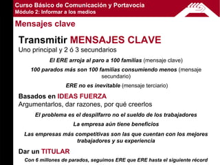 Curso Básico de Comunicación y Portavocía
Módulo 2: Informar a los medios

Mensajes clave

 Transmitir MENSAJES CLAVE
 Uno principal y 2 ó 3 secundarios
             El ERE arroja al paro a 100 familias (mensaje clave)
     100 parados más son 100 familias consumiendo menos (mensaje
                              secundario)
                   ERE no es inevitable (mensaje terciario)

 Basados en IDEAS FUERZA
 Argumentarlos, dar razones, por qué creerlos
       El problema es el despilfarro no el sueldo de los trabajadores
                      La empresa aún tiene beneficios
   Las empresas más competitivas son las que cuentan con los mejores
                     trabajadores y su experiencia

 Dar un TITULAR
   Con 6 millones de parados, seguimos ERE que ERE hasta el siguiente récord
 