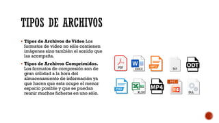 TIPOS DE ARCHIVOS
▪ Tipos de Archivos deVídeo Los
formatos de video no sólo contienen
imágenes sino también el sonido que
las acompaña.
▪ Tipos de Archivos Comprimidos.
Los formatos de compresión son de
gran utilidad a la hora del
almacenamiento de información ya
que hacen que esta ocupe el menor
espacio posible y que se puedan
reunir muchos ficheros en uno sólo.
 