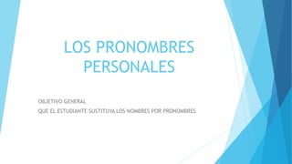 LOS PRONOMBRES 
PERSONALES 
OBJETIVO GENERAL 
QUE EL ESTUDIANTE SUSTITUYA LOS NOMBRES POR PRONOMBRES 
 