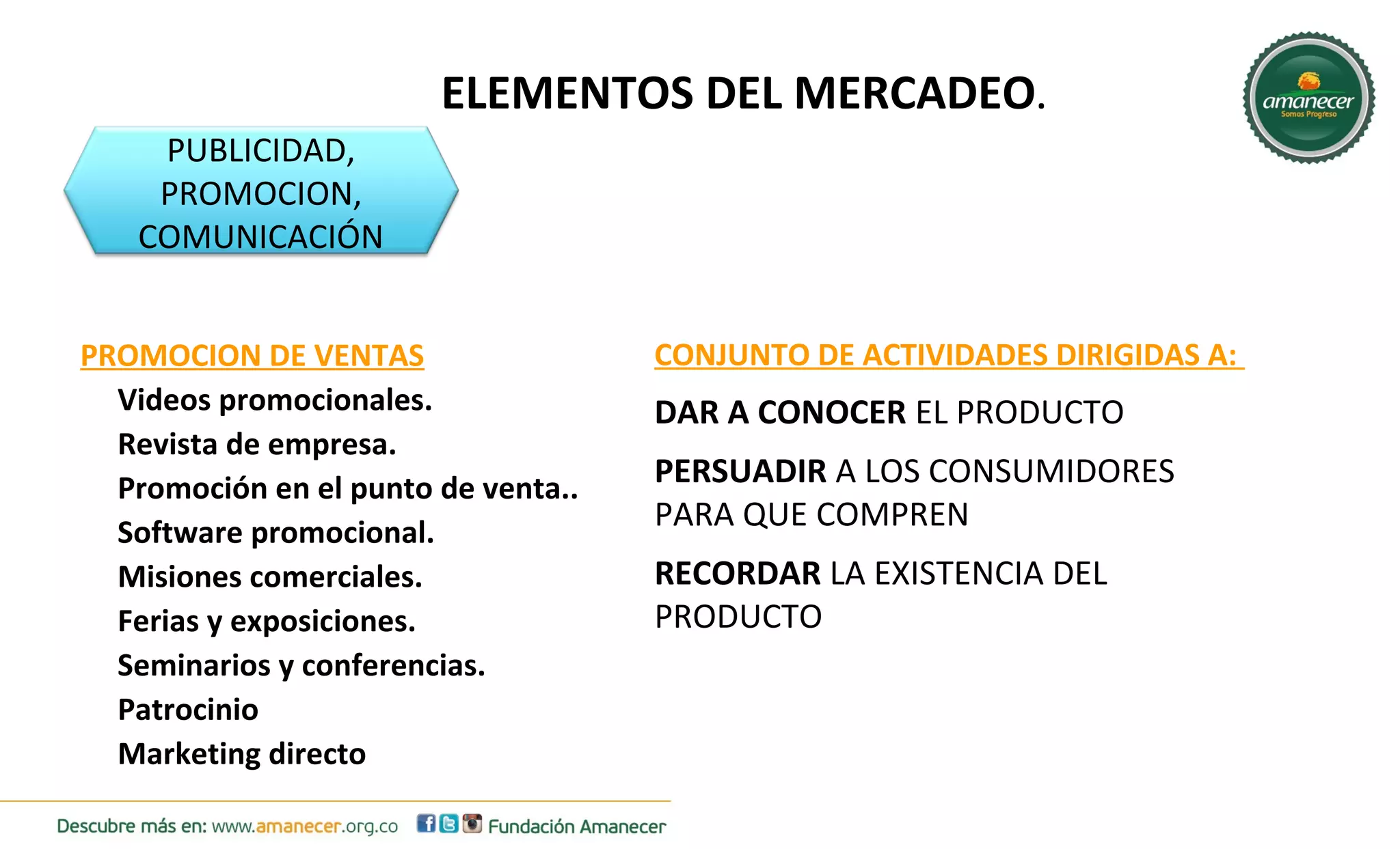 ELEMENTOS DEL MERCADEO. 
PUBLICIDAD, 
PROMOCION, 
COMUNICACIÓN 
PROMOCION DE VENTAS 
• Videos promocionales. 
• Revista de empresa. 
• Promoción en el punto de venta.. 
• Software promocional. 
• Misiones comerciales. 
• Ferias y exposiciones. 
• Seminarios y conferencias. 
• Patrocinio 
• Marketing directo 
CONJUNTO DE ACTIVIDADES DIRIGIDAS A: 
DAR A CONOCER EL PRODUCTO 
PERSUADIR A LOS CONSUMIDORES 
PARA QUE COMPREN 
RECORDAR LA EXISTENCIA DEL 
PRODUCTO 
 