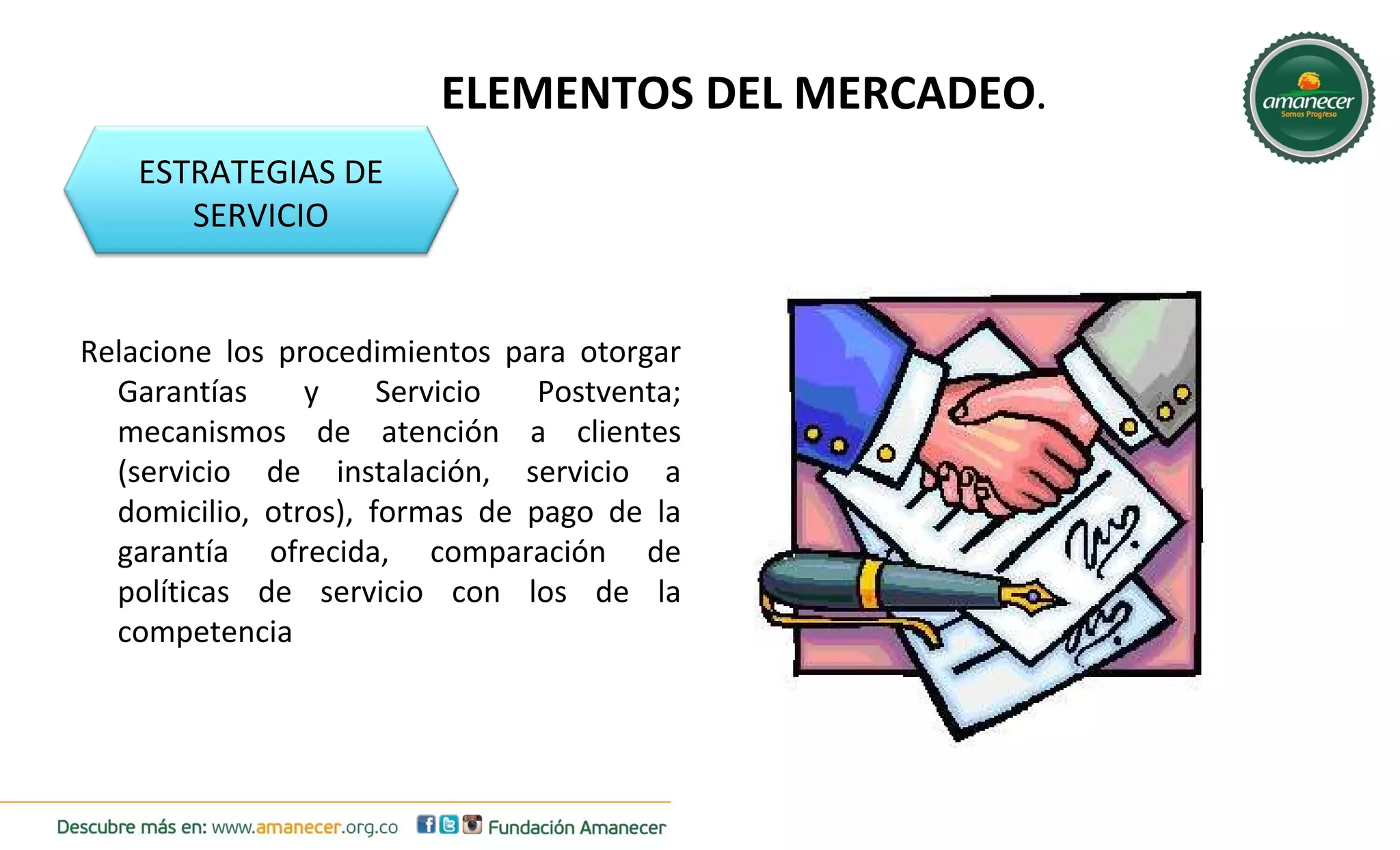 ELEMENTOS DEL MERCADEO. 
ESTRATEGIAS DE 
SERVICIO 
Relacione los procedimientos para otorgar 
Garantías y Servicio Postventa; 
mecanismos de atención a clientes 
(servicio de instalación, servicio a 
domicilio, otros), formas de pago de la 
garantía ofrecida, comparación de 
políticas de servicio con los de la 
competencia 
 