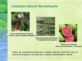 Complejo Natural Revitalizante Crema de Semilla de Copoazú * Rica en ácido Linoléico (Omega 6) Extracto de Hojas de Romero * Propiedades Astringentes Extracto de Guayaba * Rica en antioxidantes y vitaminas Todos los productos purificantes contiene además Zinc-PCA para el control de la grasa y Té verde por su efecto bacteriostático natural. 