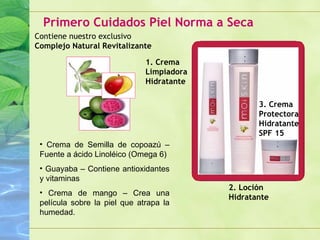 Primero Cuidados Piel Norma a Seca Contiene nuestro exclusivo Complejo Natural Revitalizante Crema de Semilla de copoazú – Fuente a ácido Linoléico (Omega 6) Guayaba – Contiene antioxidantes y vitaminas Crema de mango – Crea una película sobre la piel que atrapa la humedad. 1. Crema Limpiadora Hidratante 2. Loción  Hidratante 3. Crema Protectora Hidratante SPF 15 1 3 2 