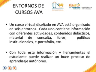 ENTORNOS DE
CURSOS AVA
• Un curso virtual diseñado en AVA está organizado
en seis entornos. Cada uno contiene información
...