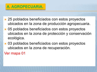 A. AGROPECUARIA.


 25 poblados beneficiados con estos proyectos
  ubicados en la zona de producción agropecuaria.
 05 poblados beneficiados con estos proyectos
  ubicados en la zona de protección y conservación
  ecológica.
 03 poblados beneficiados con estos proyectos
  ubicados en la zona de recuperación.
Ver mapa 01
 