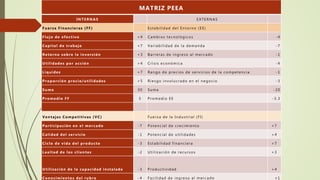 MATRIZ PEEA
INTERNAS EXTERNAS
Fuerza Financieras (FF) Estabilidad del Entorno (EE)
Flujo de efectivo +4 Cambios tecnológicos -4
Capital de trabajo +7 Variabilidad de la demanda -7
Retorno sobre la inversión +3 Barreras de ingreso al mercado -1
Utilidades por acción +4 Crisis económica -4
Liquidez +7 Rango de precios de servicios de la competencia -1
Proporción precio/utilidades +5 Riesgo involucrado en el negocio -3
Suma 30 Suma -20
Promedio FF 5 Promedio EE -3.3
Ventajas Competitivas (VC) Fuerza de la Industrial (FI)
Participación en el mercado -7 Potencial de crecimiento +7
Calidad del servicio -1 Potencial de utilidades +4
Ciclo de vida del producto -3 Estabilidad financiera +7
Lealtad de los clientes -2 Utilización de recursos +3
Utilización de la capacidad instalada -3 Productividad +4
Conocimientos del rubro -4 Facilidad de ingreso al mercado +1
 