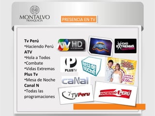 Tv Perú
•Haciendo Perú
ATV
•Hola a Todos
•Combate
•Vidas Extremas
Plus Tv
•Mesa de Noche
Canal N
•Todas las
programaciones
PRESENCIA EN TVPRESENCIA EN TV
 