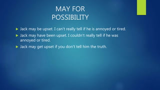 MAY FOR
POSSIBILITY
 Jack may be upset. I can't really tell if he is annoyed or tired.
 Jack may have been upset. I couldn't really tell if he was
annoyed or tired.
 Jack may get upset if you don't tell him the truth.
 