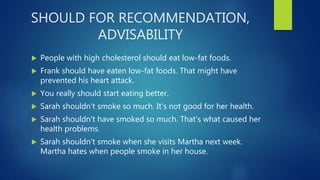 SHOULD FOR RECOMMENDATION,
ADVISABILITY
 People with high cholesterol should eat low-fat foods.
 Frank should have eaten low-fat foods. That might have
prevented his heart attack.
 You really should start eating better.
 Sarah shouldn't smoke so much. It's not good for her health.
 Sarah shouldn't have smoked so much. That's what caused her
health problems.
 Sarah shouldn't smoke when she visits Martha next week.
Martha hates when people smoke in her house.
 