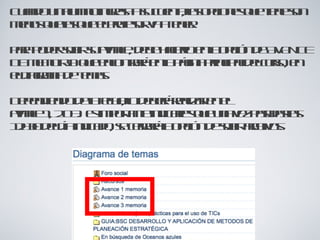Cuando un alumno ingresa a su cuenta, las opciones que tiene son menos que las que el profesor va a tener. Para poder subir su avance, debe hacerlo en la opción de AVANCE DE MEMORIA que encontrará en la página principal del curso, en el diagrama de temas. Dependiendo de la fecha, lo deberá realizar en el  avance 1, 2 o 3.  Es importante indicarles que una vez pasadas las 12h30 del día indicado, se cerrará la opción de subir archivos. 
