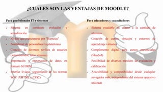 ¿CUALES SON LAS VENTAJAS DE MOODLE?
Para profesionales IT y sistemas
 Sistema en constante evolución y
actualización
 No hay que preocuparse por "licencias"
 Posibilidad de personalizar la plataforma
 Creación de diversos perfiles de usuarios
(administrador, tutor, alumno)
 Importación y exportación de datos en
formato SCORM
 Interfaz liviana, seguimiento de las normas
W3C (XHTML y CSS2)
Para educadores y capacitadores
 Sistema escalable en cuanto a la cantidad de
alumnos
 Creación de cursos virtuales y entornos de
aprendizaje virtuales
 Complemento digital para cursos presenciales
(blended)
 Posilibidad de diversos metódos de evaluación y
calificación
 Accesibilidad y compatibilidad desde cualquier
navegador web, independiente del sistema operativo
utilizado
 