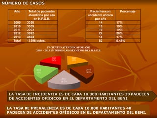 Año Total de pacientes
atendidos por año
en H.P.G.B.
Pacientes con
accidente ofídico
por año
Porcentaje
2009 3358 14 17%
2010 3309 16 19%
2011 3303 16 19%
2012 3022 22 28%
2013 4604 14 17%
Total 17596 pctes. 82 0.48%
2009
19%
2010
18.8%
2011
18.7%
2012
17%
2013
26%
PACIENTES ATENDIDOS POR AÑO
2009 - 2013 EN TODOS LOS SERVICIOS DEL H.P.G.B.
LA TASA DE PREVALENCIA ES DE CADA 10.000 HABITANTES 40
PADECEN DE ACCIDENTES OFÍDICOS EN EL DEPARTAMENTO DEL BENI.
 