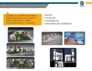 PRODUCCIÓN DE EVENTOS
DISEÑO DE CAMPAÑAS PARA
PROMOCIONAR UN LUGAR O
FIESTA REGIONAL PARA
INCREMENTAR EL TURÍSMO
EXPOS
TIANGUIS
CONGRESOS
INFORMES DE GOBIERNO