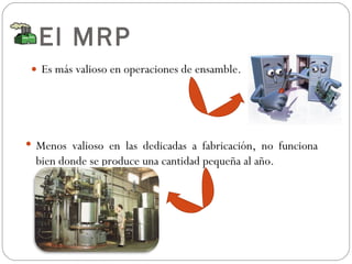 El MRP Es más valioso en operaciones de ensamble. Menos valioso en las dedicadas a fabricación, no funciona bien donde se produce una cantidad pequeña al año. 