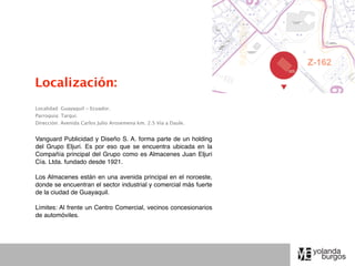 Localización:
Localidad: Guayaquil - Ecuador.
Parroquia: Tarqui.
Dirección: Avenida Carlos Julio Arosemena km. 2.5 Vía a Daule.


Vanguard Publicidad y Diseño S. A. forma parte de un holding
del Grupo Eljuri. Es por eso que se encuentra ubicada en la
Compañía principal del Grupo como es Almacenes Juan Eljuri
Cía. Ltda. fundado desde 1921.

Los Almacenes están en una avenida principal en el noroeste,
donde se encuentran el sector industrial y comercial más fuerte
de la ciudad de Guayaquil.

Límites: Al frente un Centro Comercial, vecinos concesionarios
de automóviles.
 