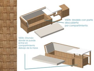 VISTA: Modelo con parte
descubierta
por compartimiento
VISTA: Otomán
donde se puede
entrar en
compartimiento
debajo de la mesa
 