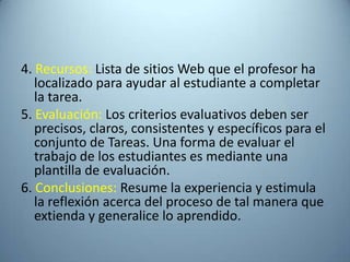 4. Recursos: Lista de sitios Web que el profesor ha
   localizado para ayudar al estudiante a completar
   la tarea.
5. Evaluación: Los criterios evaluativos deben ser
   precisos, claros, consistentes y específicos para el
   conjunto de Tareas. Una forma de evaluar el
   trabajo de los estudiantes es mediante una
   plantilla de evaluación.
6. Conclusiones: Resume la experiencia y estimula
   la reflexión acerca del proceso de tal manera que
   extienda y generalice lo aprendido.
 
