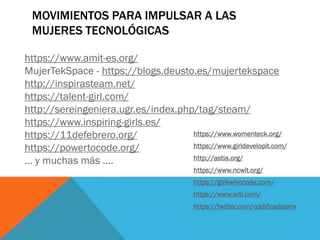 MOVIMIENTOS PARA IMPULSAR A LAS
MUJERES TECNOLÓGICAS
https://www.womenteck.org/
https://www.girldevelopit.com/
http://astia.org/
https://www.ncwit.org/
https://girlswhocode.com/
https://www.witi.com/
https://twitter.com/codificadasmx
https://www.amit-es.org/
MujerTekSpace - https://blogs.deusto.es/mujertekspace
http://inspirasteam.net/
https://talent-girl.com/
http://sereingeniera.ugr.es/index.php/tag/steam/
https://www.inspiring-girls.es/
https://11defebrero.org/
https://powertocode.org/
… y muchas más ….
 