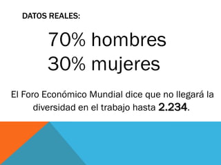 DATOS REALES:
70% hombres
30% mujeres
El Foro Económico Mundial dice que no llegará la
diversidad en el trabajo hasta 2.234.
 
