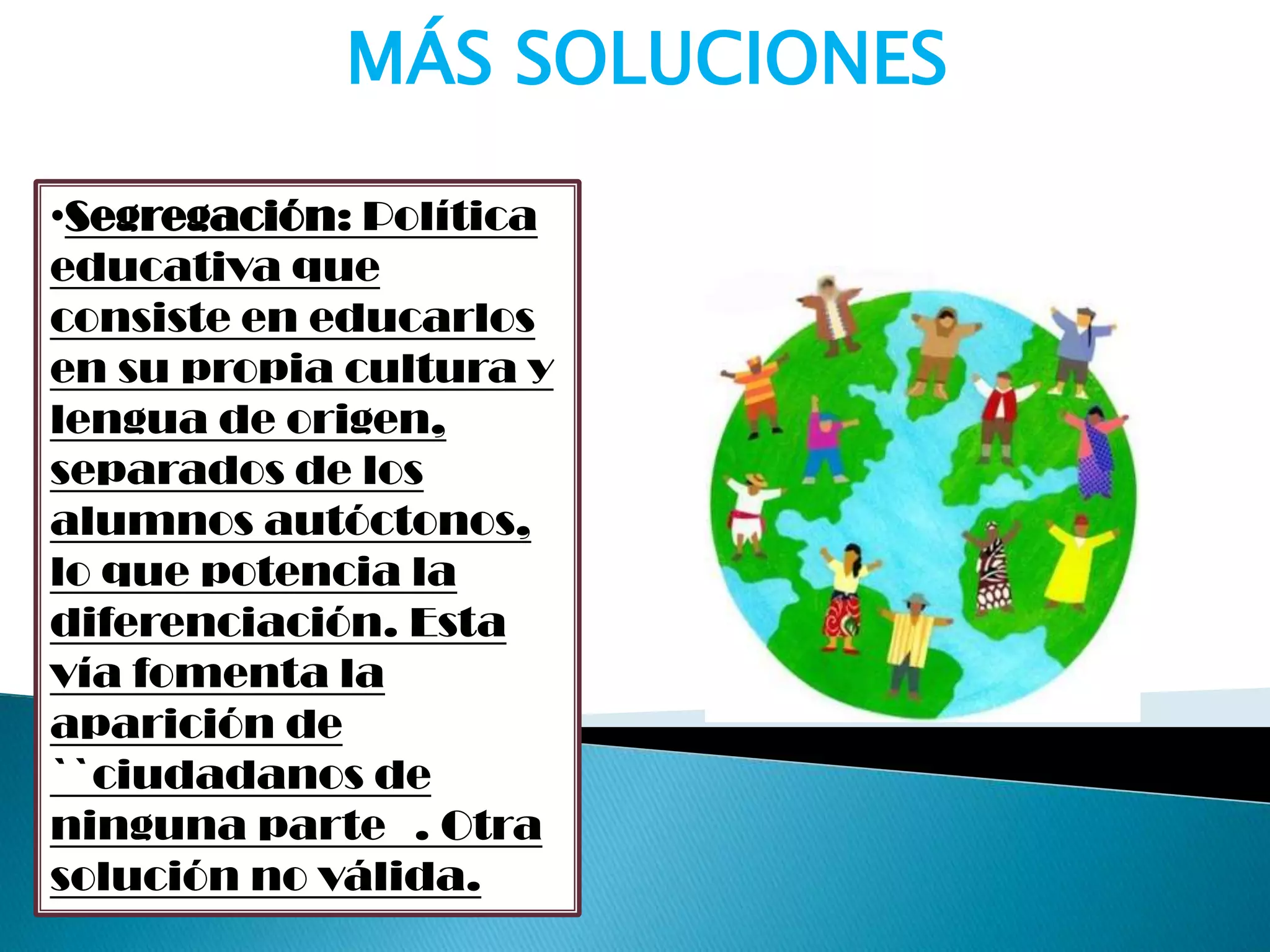 •Segregación: Política
educativa que
consiste en educarlos
en su propia cultura y
lengua de origen,
separados de los
alumnos autóctonos,
lo que potencia la
diferenciación. Esta
vía fomenta la
aparición de
``ciudadanos de
ninguna parte . Otra
solución no válida.
MÁS SOLUCIONES
 