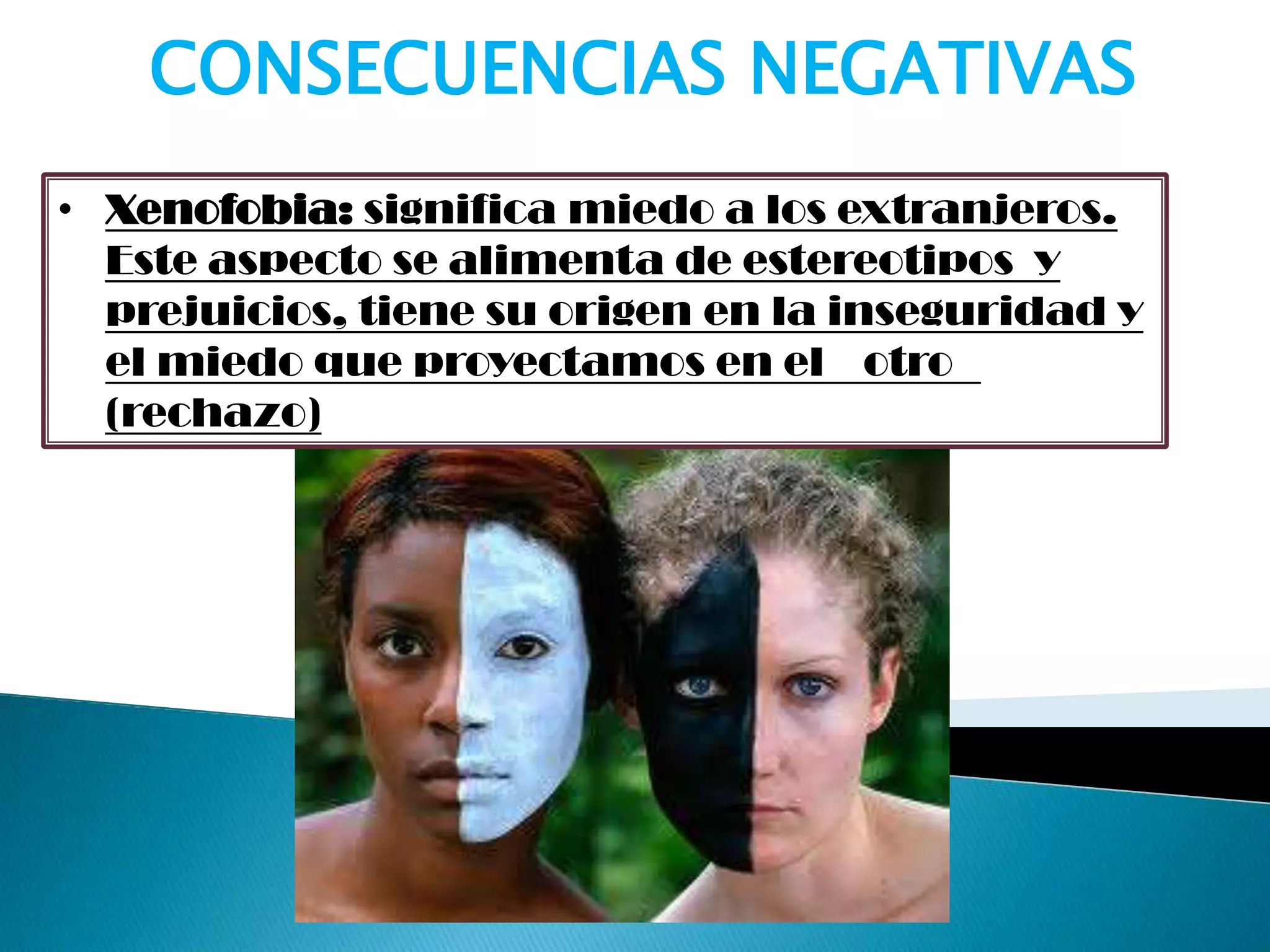• Xenofobia: significa miedo a los extranjeros.
Este aspecto se alimenta de estereotipos y
prejuicios, tiene su origen en la inseguridad y
el miedo que proyectamos en el otro
(rechazo)
CONSECUENCIAS NEGATIVAS
 
