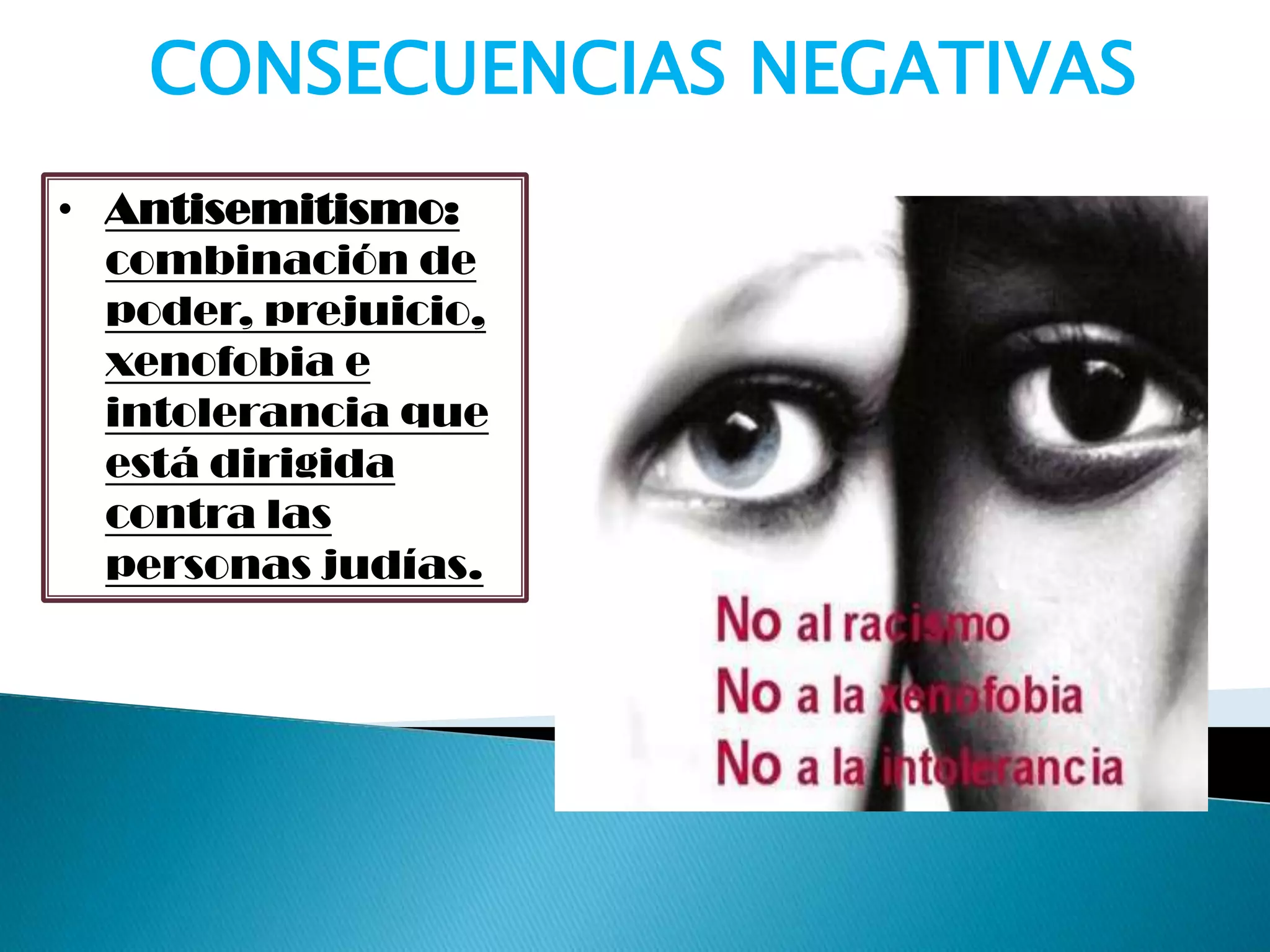• Antisemitismo:
combinación de
poder, prejuicio,
xenofobia e
intolerancia que
está dirigida
contra las
personas judías.
CONSECUENCIAS NEGATIVAS
 