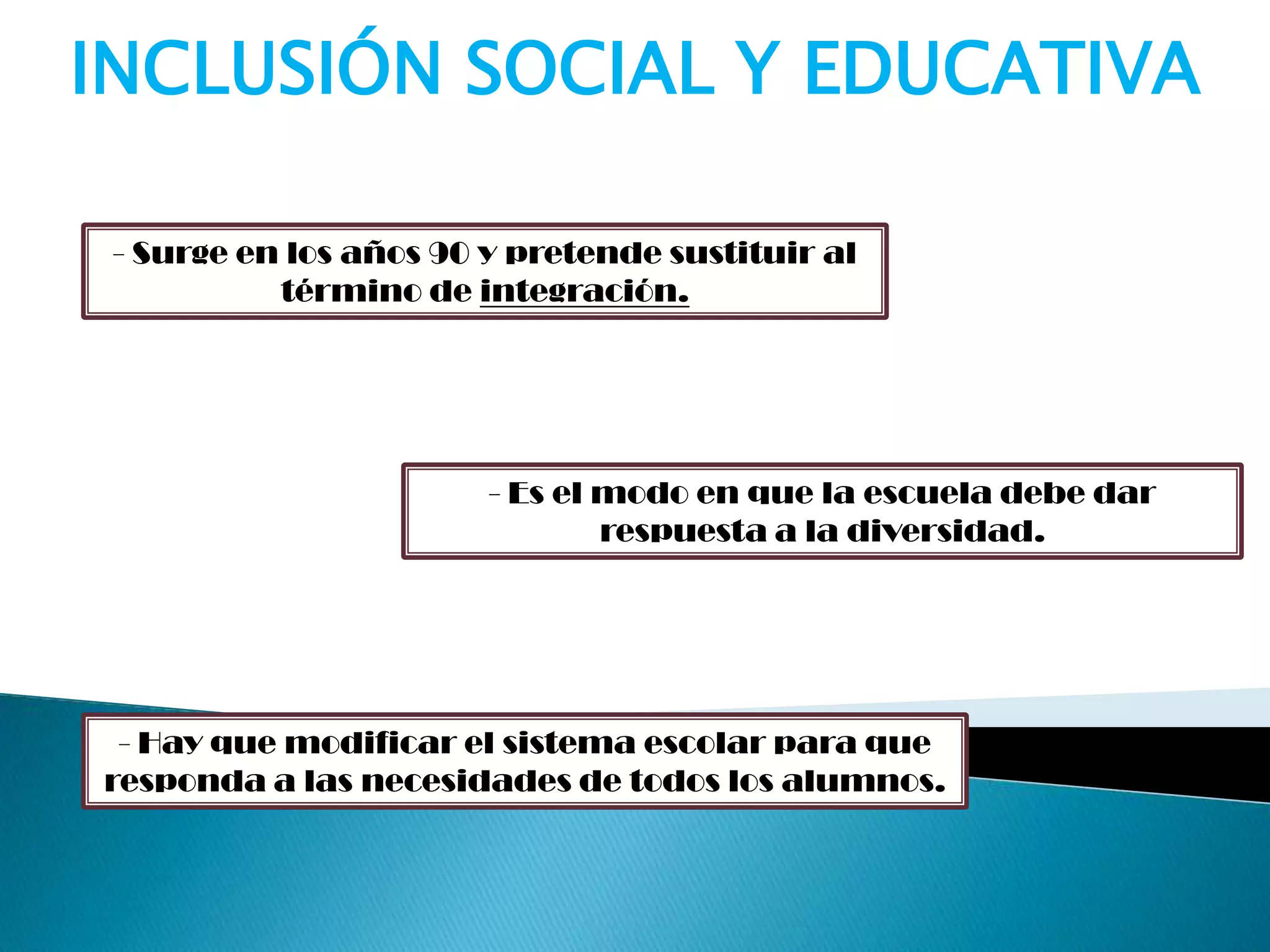 INCLUSIÓN SOCIAL Y EDUCATIVA
- Surge en los años 90 y pretende sustituir al
término de integración.
- Es el modo en que la escuela debe dar
respuesta a la diversidad.
- Hay que modificar el sistema escolar para que
responda a las necesidades de todos los alumnos.
 
