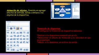 Animación de objetos. Consiste en agregar
efectos de entrada, salida o énfasis a los
objetos de la diapositiva.

Transición de diapositiva.
Al configurar la transición de diapositiva debemos:
*Indicar si la diapositiva avanzará con un clic.
*Seleccionar el efecto de transición y la velocidad en que
se presentará.
*Añadir, si lo deseamos, un archivo de sonido.

 