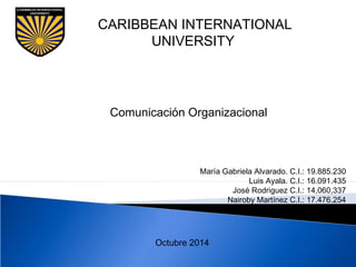 CARIBBEAN INTERNATIONAL 
UNIVERSITY 
Comunicación Organizacional 
María Gabriela Alvarado. C.I.: 19.885.230 
Luis Ayala. C.I.: 16.091.435 
José Rodriguez C.I.: 14,060,337 
Nairoby Martínez C.I.: 17.476.254 
Octubre 2014 
 