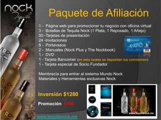 Paquete de Afiliación
1 - Página web para promocionar tu negocio con oficina virtual
3 - Botellas de Tequila Nock (1 Plata, 1 Reposado, 1 Añejo)
50 -Tarjetas de presentación
24 -Invitaciones
8 - Portavasos
2 - Manuales (Nock Plus y The Nockbook)
1 - DVD
1 - Tarjeta Bancomer (en esta tarjeta se depositan tus comisiones)
1 - Tarjeta especial de Socio Fundador

Membrecía para entrar al sistema Mundo Nock
Materiales y Herramientas exclusivas Nock



Inversión $1280
Promoción $780

www.tequilanock.mx
 