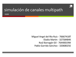 
simulación de canales multipath
DSRR
Miguel Angel del Rio Ruiz - 76667418T
Eladio Martin - 32758484K
Raúl Barragán Gil - 76440019W
Pablo Garrido Sánchez - 32068025E
 