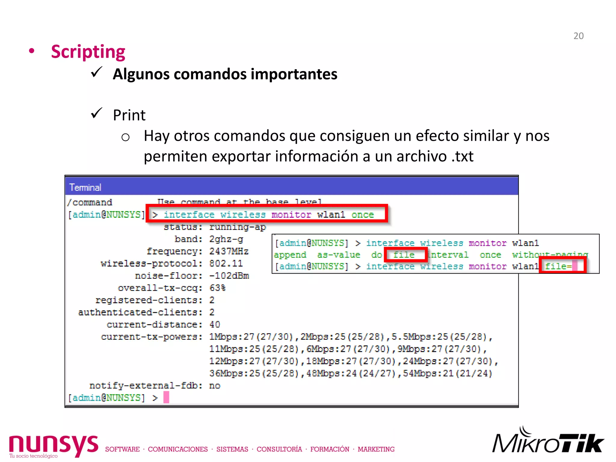 • Scripting
 Algunos comandos importantes
 Print
o Hay otros comandos que consiguen un efecto similar y nos
permiten exportar información a un archivo .txt
20
 