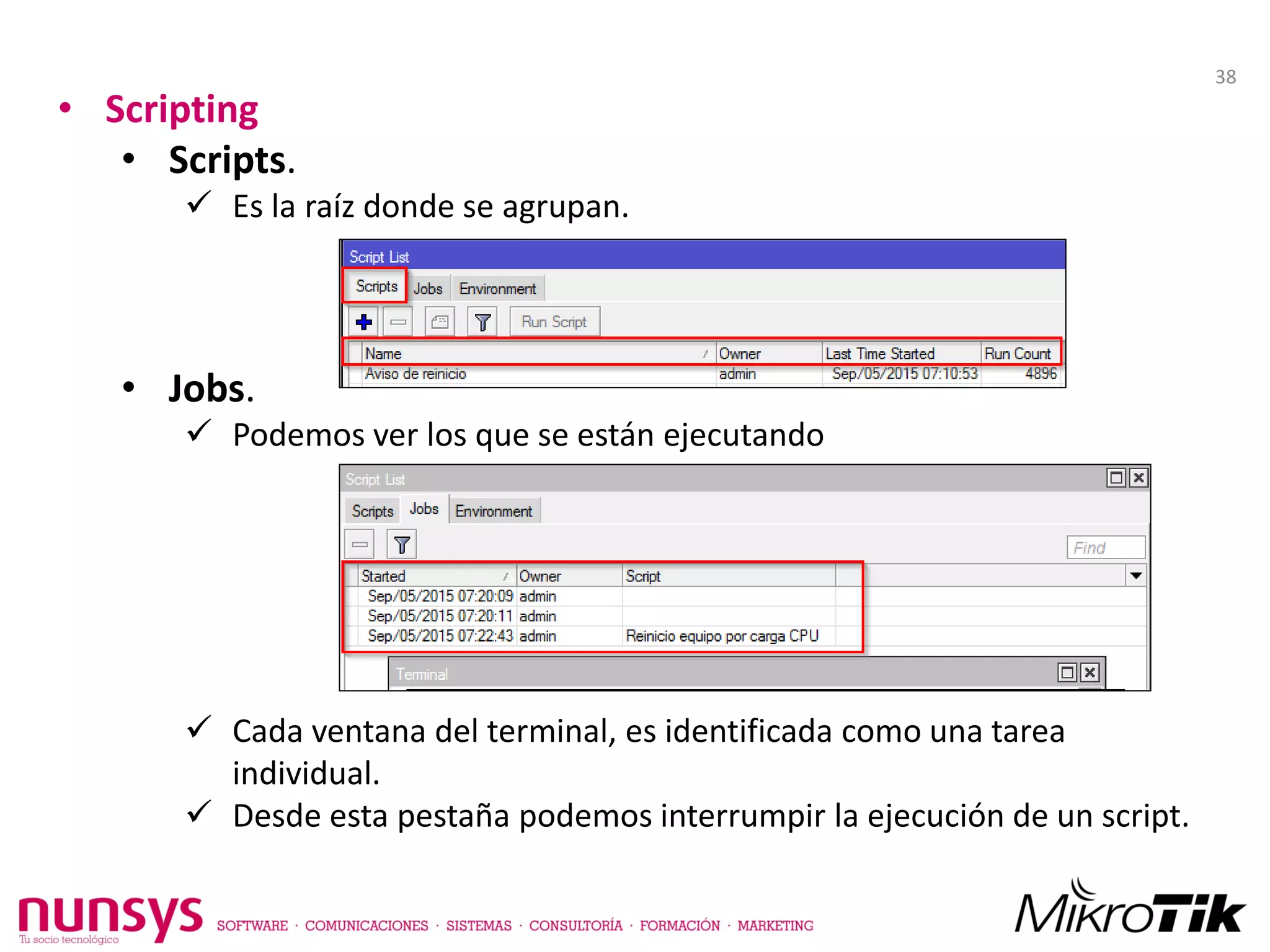 • Scripting
• Scripts.
 Es la raíz donde se agrupan.
• Jobs.
 Podemos ver los que se están ejecutando
 Cada ventana del terminal, es identificada como una tarea
individual.
 Desde esta pestaña podemos interrumpir la ejecución de un script.
38
 