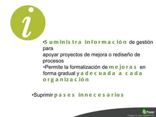 •S u m i n i s t r a i n f o r m a c i ó n de gestión
     para
     apoyar proyectos de mejora o rediseño de
     procesos
     •Permite la formalización de m e j o r a s en
     forma gradual y a d e c u a d a a c a d a
     o r g a n iz a c ió n

•Suprimir p a s e s i n n e c e s a r i o s
 