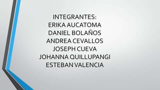 INTEGRANTES:
ERIKA AUCATOMA
DANIEL BOLAÑOS
ANDREA CEVALLOS
JOSEPH CUEVA
JOHANNA QUILLUPANGI
ESTEBANVALENCIA
 