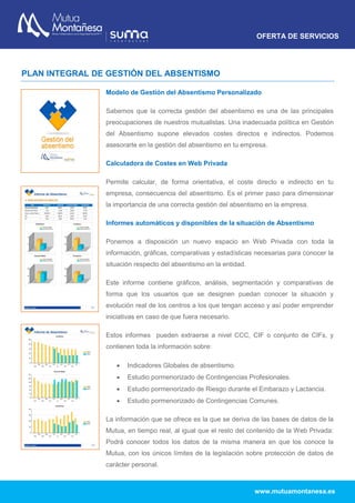 OFERTA DE SERVICIOS
www.mutuamontanesa.es
PLAN INTEGRAL DE GESTIÓN DEL ABSENTISMO
Modelo de Gestión del Absentismo Personalizado
Sabemos que la correcta gestión del absentismo es una de las principales
preocupaciones de nuestros mutualistas. Una inadecuada política en Gestión
del Absentismo supone elevados costes directos e indirectos. Podemos
asesorarte en la gestión del absentismo en tu empresa.
Calculadora de Costes en Web Privada
Permite calcular, de forma orientativa, el coste directo e indirecto en tu
empresa, consecuencia del absentismo. Es el primer paso para dimensionar
la importancia de una correcta gestión del absentismo en la empresa.
Informes automáticos y disponibles de la situación de Absentismo
Ponemos a disposición un nuevo espacio en Web Privada con toda la
información, gráficas, comparativas y estadísticas necesarias para conocer la
situación respecto del absentismo en la entidad.
Este informe contiene gráficos, análisis, segmentación y comparativas de
forma que los usuarios que se designen puedan conocer la situación y
evolución real de los centros a los que tengan acceso y así poder emprender
iniciativas en caso de que fuera necesario.
Estos informes pueden extraerse a nivel CCC, CIF o conjunto de CIFs, y
contienen toda la información sobre:
 Indicadores Globales de absentismo.
 Estudio pormenorizado de Contingencias Profesionales.
 Estudio pormenorizado de Riesgo durante el Embarazo y Lactancia.
 Estudio pormenorizado de Contingencias Comunes.
La información que se ofrece es la que se deriva de las bases de datos de la
Mutua, en tiempo real, al igual que el resto del contenido de la Web Privada:
Podrá conocer todos los datos de la misma manera en que los conoce la
Mutua, con los únicos límites de la legislación sobre protección de datos de
carácter personal.
 