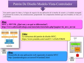 Vídeo:
La estructura del patrón de diseño MVC.
https://www.youtube.com/watch?v=vz5stEsVBkM
Patrón De Diseño Modelo-Vista-Controlador
Este patrón separa los datos y la lógica de negocio de una aplicación de la interfaz de usuario y el módulo encargado
de gestionar los eventos y las comunicaciones, proponiendo tres componentes distintos que son el modelo, la vista y el
controlador.
Blog:
MVC y MVVM. ¿Qué son y en qué se diferencian?.
http://www.adictosaltrabajo.com/tutoriales/tutoriales.php?pagina=zk_mvc_mvvm
Blog:
Desarrollo de una aplicación web siguiendo el patrón MVC
http://juandarodriguez.es/cursosf14/unidad2.html
 