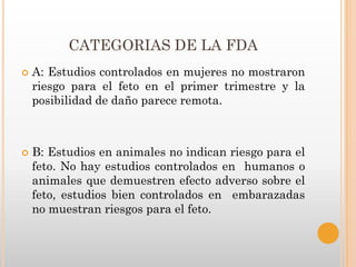 CATEGORIAS DE LA FDA
   A: Estudios controlados en mujeres no mostraron
    riesgo para el feto en el primer trimestre y la
    posibilidad de daño parece remota.



   B: Estudios en animales no indican riesgo para el
    feto. No hay estudios controlados en humanos o
    animales que demuestren efecto adverso sobre el
    feto, estudios bien controlados en embarazadas
    no muestran riesgos para el feto.
 