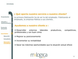 Actividades




                      ¿ Qué aporta nuestro servicio a nuestro cliente?
Presentación
                      La primera fidelización ha de ser la del empleado: Fidelizando al
                      empleado, la empresa fideliza a sus clientes.
Filosofía y
Posicionamiento

                      Ayudamos a nuestro cliente a :
Forma de
Actuación
                        Desarrollar    entornos    laborales    productivos,    competitivos,
                      profesionales y con buen clima
Actividades

    Ejecución
                        Mejorar su posicionamiento
    Consultoría
                        Incrementar su rentabilidad
    Ejecución +
    Consultoría
                        Sacar las máximas oportunidades que la situación actual ofrece




                                                                                          11
 