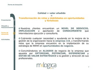Forma de Actuación




                                    Calidad + valor añadido
                                                =
                     Transformación de retos y debilidades en oportunidades
Presentación
                                          y fortalezas

Filosofía y
Posicionamiento
                       Nuestros clientes encuentran un NIVEL DE SERVICIO,
                     IMPLICACIÓN        y    aportación    de CONOCIMIENTO que
Forma de
Actuación            interrelaciona ejecución y consultoría.

Actividades
                       Cubriendo cualquier necesidad y ayudando en la mejora de la
                     gestión de la organización hacia la empresa 3.0, y transformando
                     retos que la empresa encuentre en la implantación de su
                     estrategia de RRHH en oportunidades de negocio.

                       Convirtiéndonos en ALIADOS de negocio de la empresa que
                     apuesta por OPTIMIZAR, POTENCIAR, DIFERENCIAR y
                     DOTAR DE VALOR ESTRATÉGICO a la gestión y dirección de sus
                     profesionales.



                                                                                    7
 