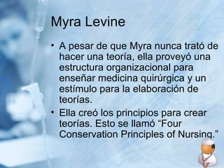Myra Levine A pesar de que Myra nunca trató de hacer una teoría, ella proveyó una estructura organizacional para enseñar medicina quirúrgica y un estímulo para la elaboración de teorías.  Ella creó los principios para crear teorías. Esto se llamó “Four Conservation Principles of Nursing.” 